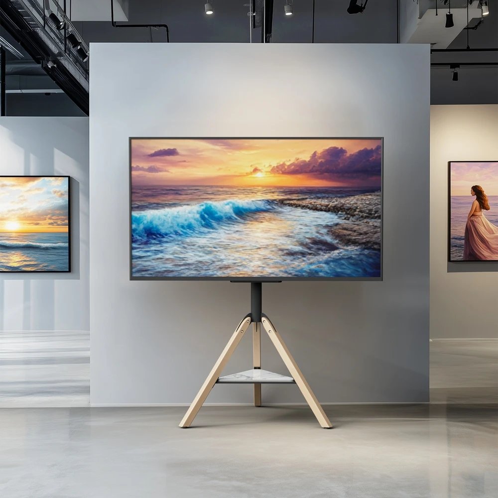 حامل تلفزيون زاوية بتصميم UNHO لشاشات LED مقاس 40 -75 بوصة مع رفوف حجرية ملبدة وحامل ثلاثي القوائم حامل أرضية تلفزيون حديث