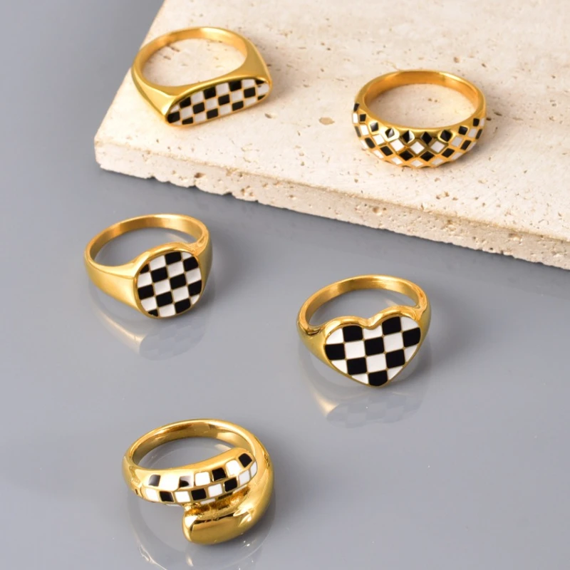 New Vintage Stainless Steel Black white Checkerboard Ring for Women