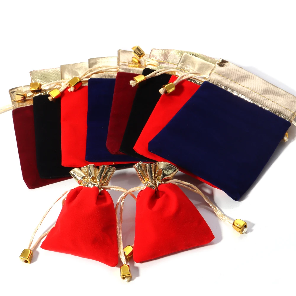 5-10pcs/lot Velvet Drawstring Jewelry Bags Gold Color Trim Bracelet Necklace Storage Pouch DIY Christmas Party Gifts Packing Bag