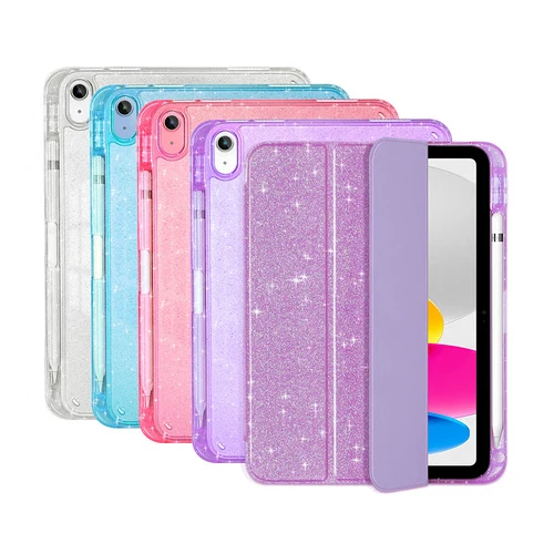 Imagen 1 del producto Funda con purpurina para tableta iPad A16 2025, Funda con portalápices, Funda para iPad Air 11 M3 M2 Air 5, Funda inteligente plateada brillante