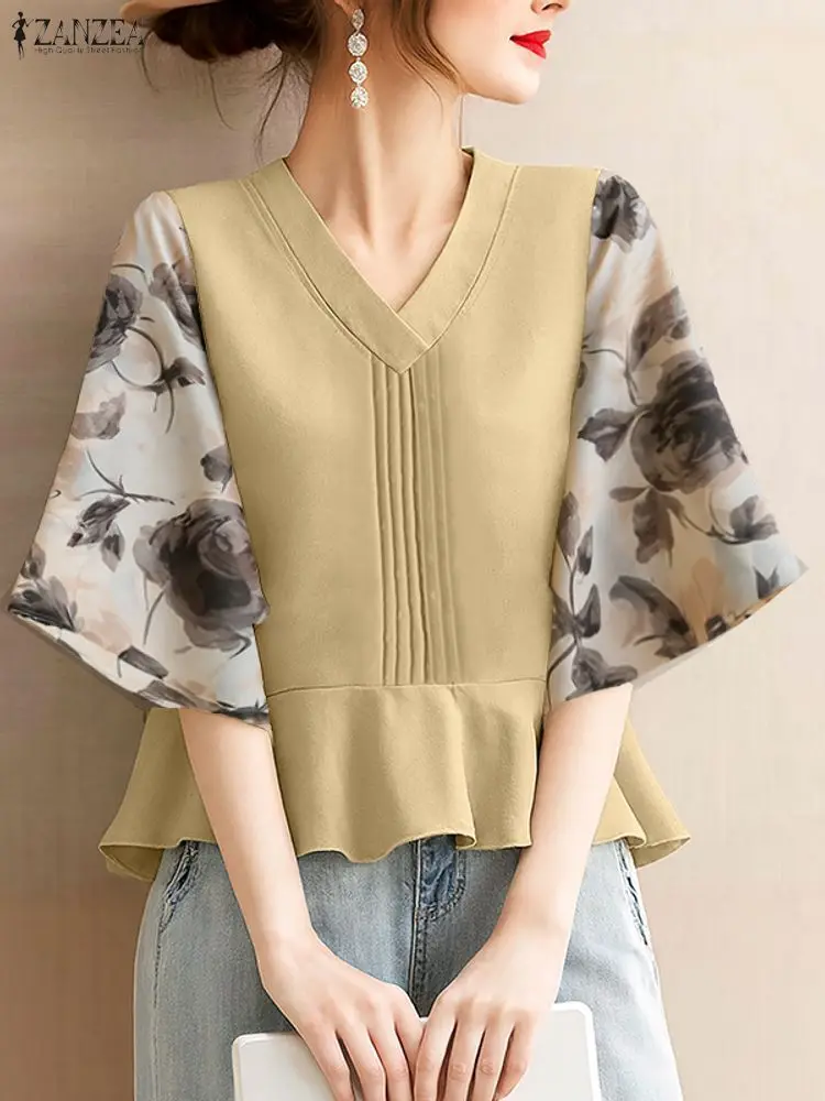 ZANZEA Elegante Frauen V-ausschnitt 3/4 Hülse Bluse Sommer Floral Patchwork Hemd Stilvolle Büro Arbeit Shirts Plissee Tops Weibliche Mujer