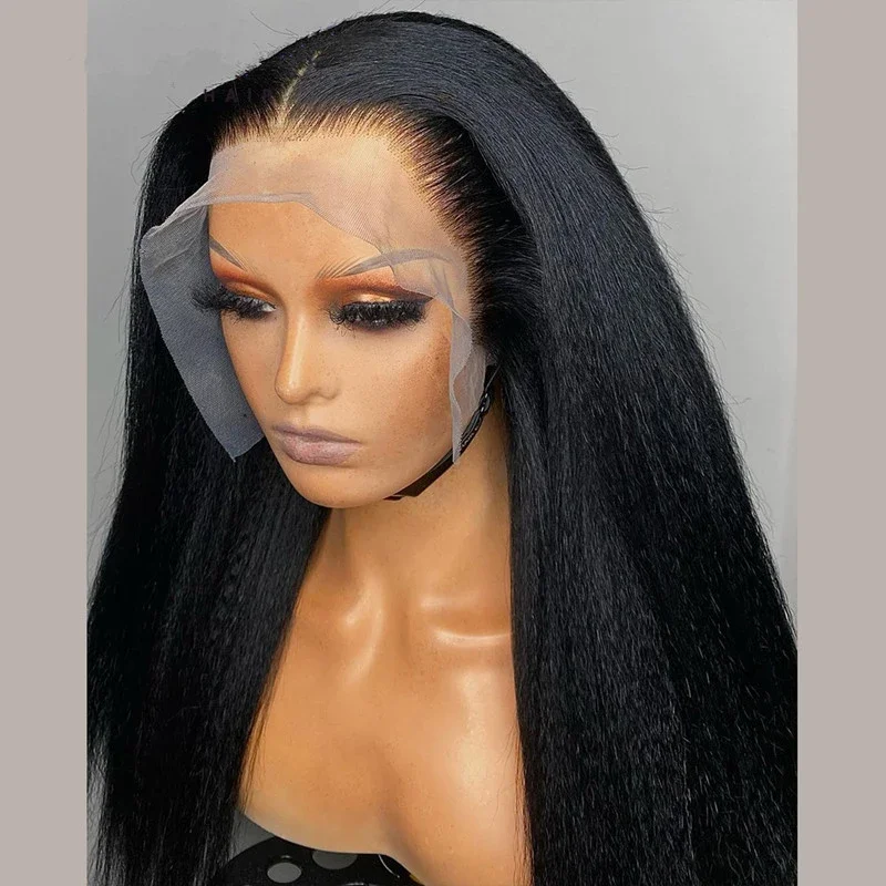 13X4 Kinky Straight Lace Front Wigs 180% Density Black Yaki Wig For Women With Baby Hair Synthetic Wig Heat Temperature Glueless