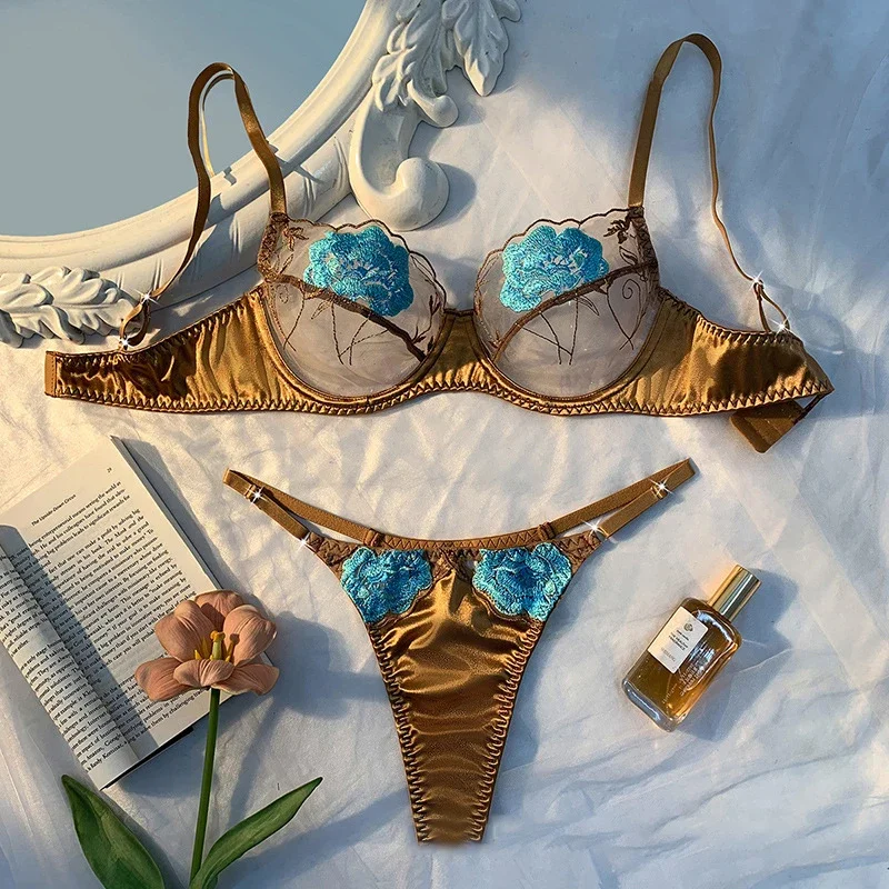 

Sexy Bras for Women Fancy Lingerie Luxury Satin Underwear Delicate Embroidery Erotic Lingerie 2 Pieces Translucent Bralette Sets