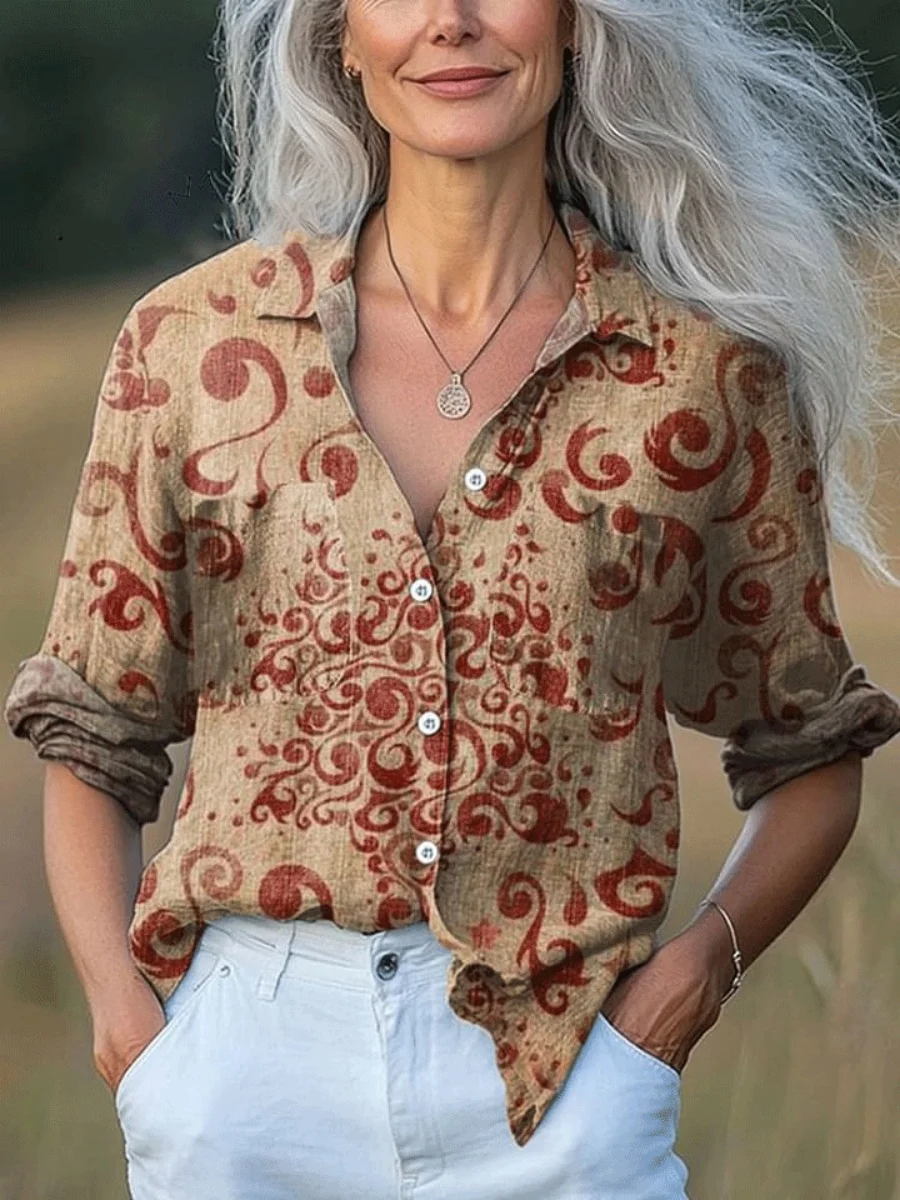 Nova camisa básica de manga comprida masculina e feminina de estilo europeu. Novo top casual com camisa com estampa floral estilo boêmio.