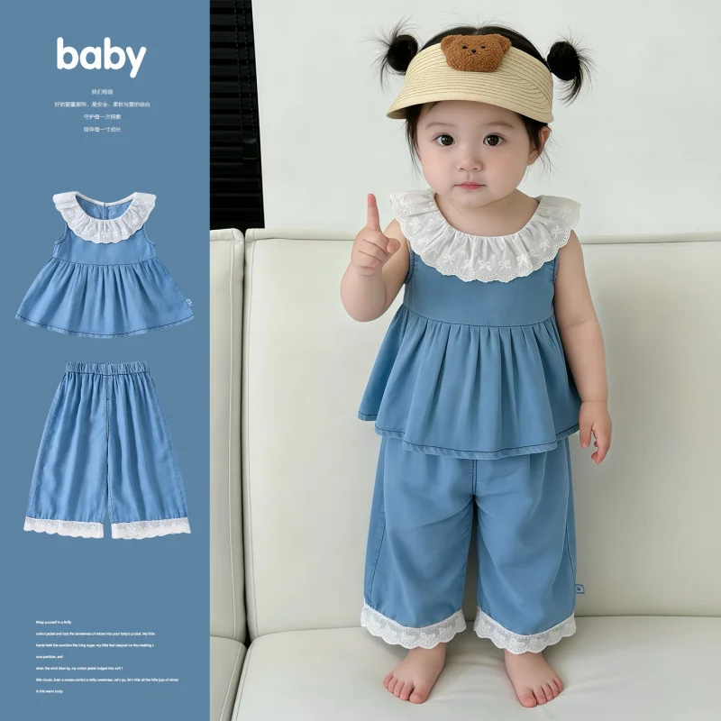 

Летний джинсовый комплект без рукавов с кружевной отделкой для маленьких девочек, стильный комплект из двух предметов: рубашка-топ и брюки