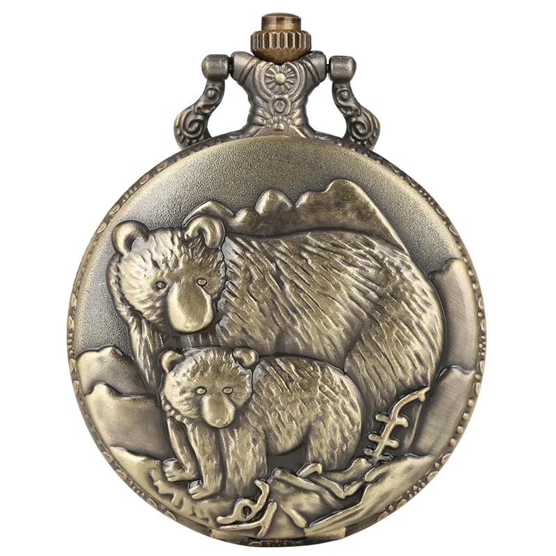 Bronze Style Polar Bear Design Full Hunter Quartz Pocket Watch for Men Women Arabic Number Display Necklace Pendant Chain