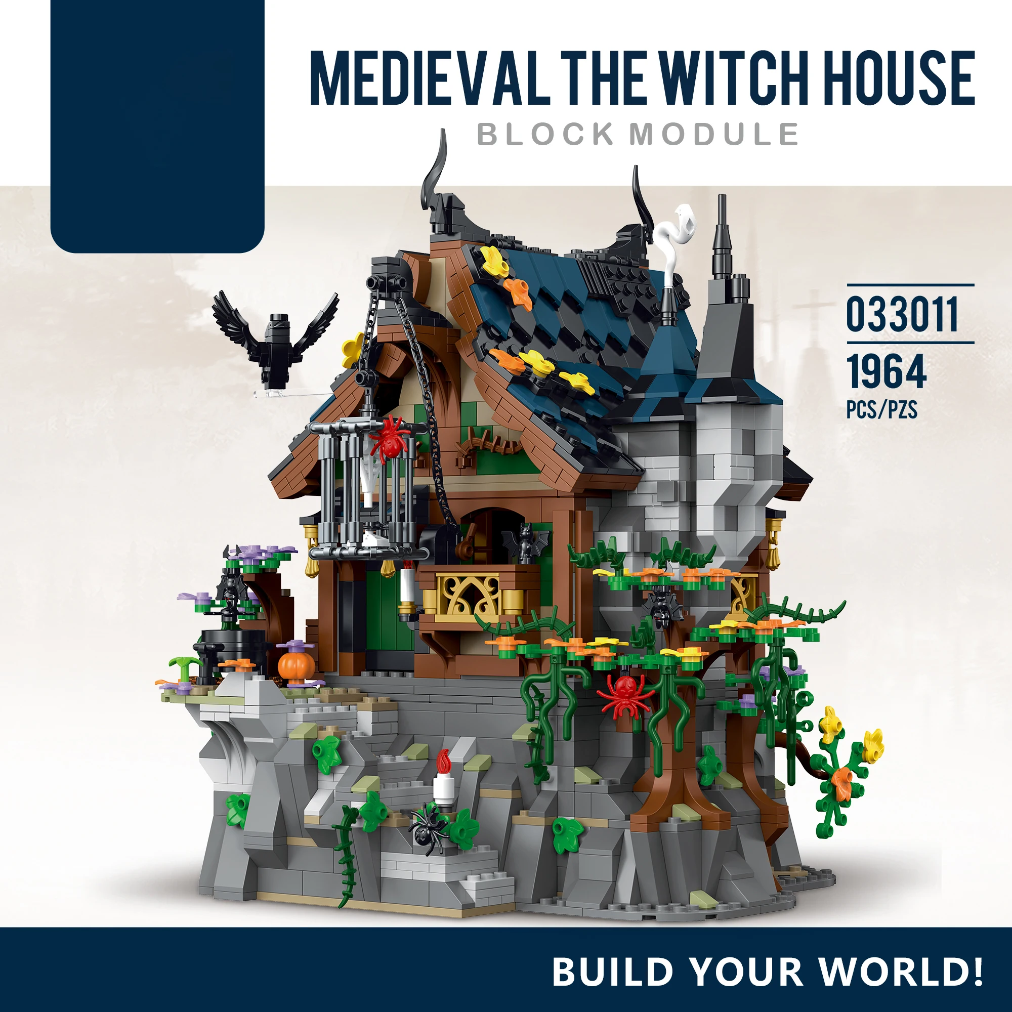 

033011 building block toy set, DIY city street scene wizard cottage ancient style house model assembly, adult assembly toys