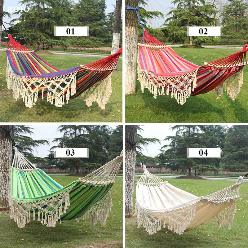 Nordic Style Canvas Hammock 2 Person Outdoor Camping Travel Hunting Hammock Bed Garden Swing Hanging Chair with Tassel Stick