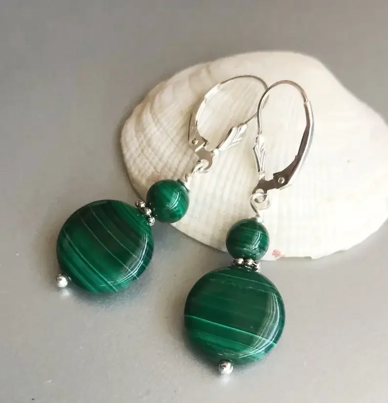 Malachite earrings, greenstone lever back coin earrings, real malachite beaded Bohemian jewelry, handmade jewelry