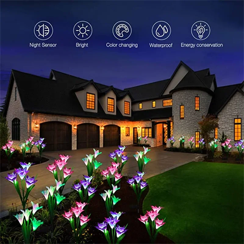 LED Garden Lights with 4 Head Lily 7 Color Variations Solar Lights Romantic Flower Atmosphere Lights for Lawn/Yard/Wedding Decor