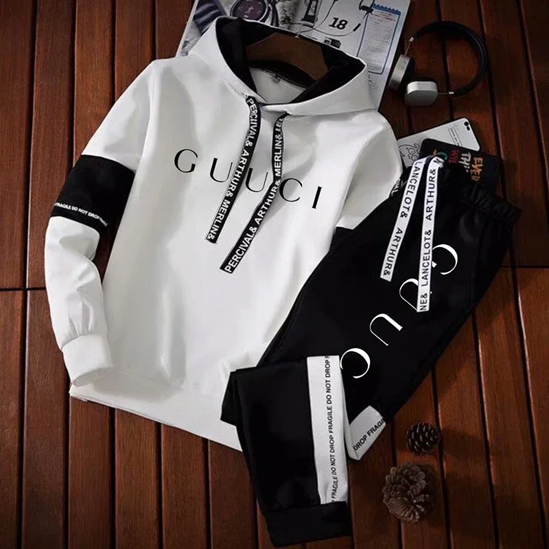 Mens Tracksuit Warm Hooded Sweatshirt+Sweatpants 2 Pcs Sets Winter High Quality Black White Top Or Pants Casual Jogging Clothing