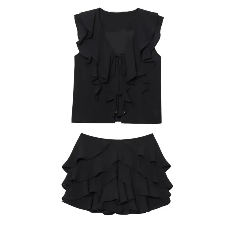 Women's Tierred Mini Skirt Set New 2026 Spring Summer V-Neck Lace-Up Tops Casual Side Zipper Skirts 2 Piece Set Female Outfit