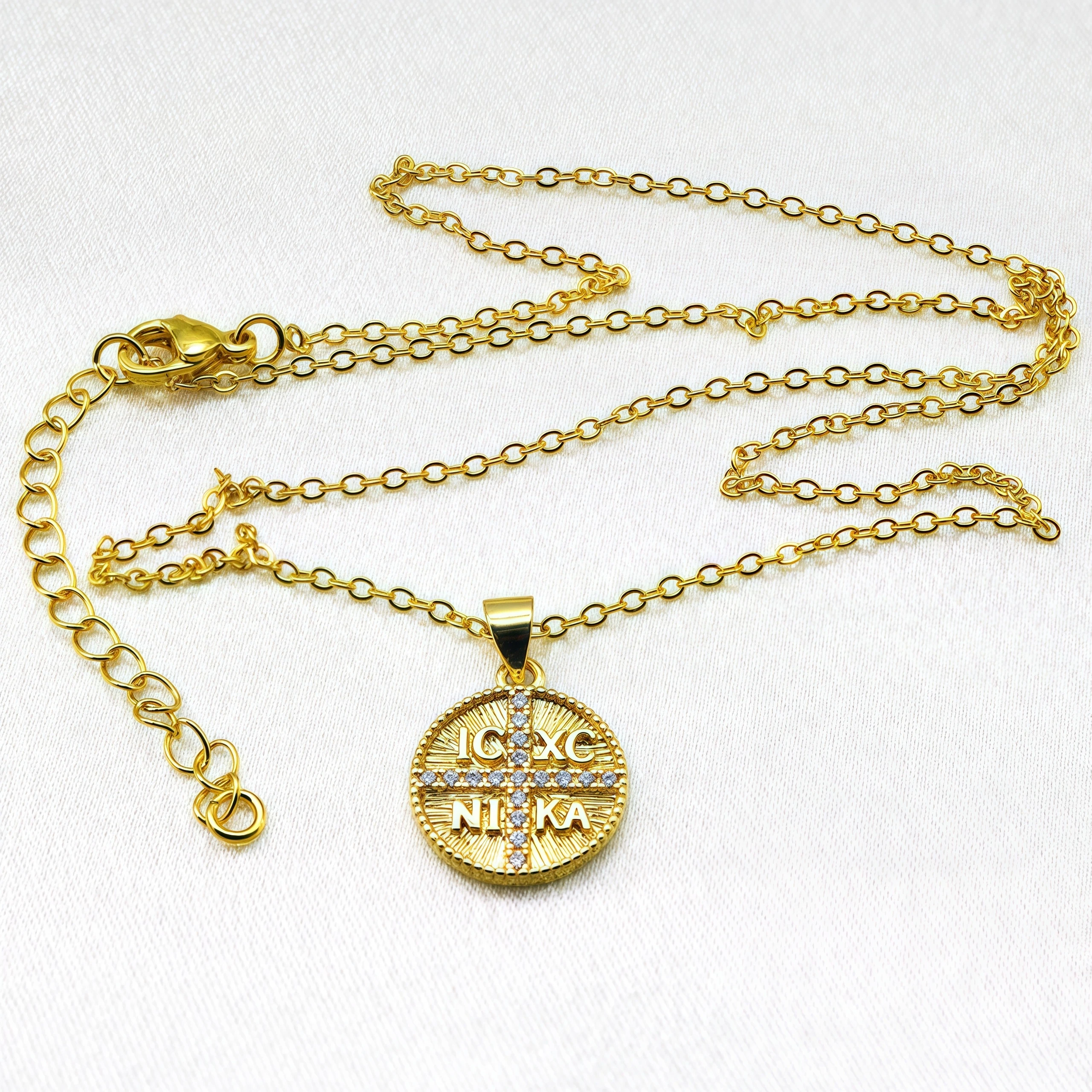18k Gold Plated St.Helen Constantine Pendant ICXC NIKA Greek Cross Charms Cubic Zirconia Byzantine Medallion Necklace Jewelry