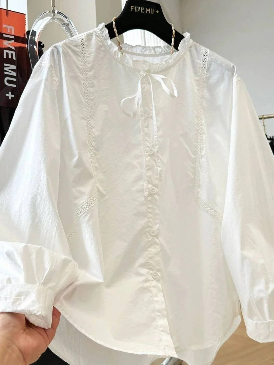 

plus Size Women's Long Sleeve Lace Patchwork Sun Protection Shirt Knot Wooden Ear Design Casual Style Spring S...