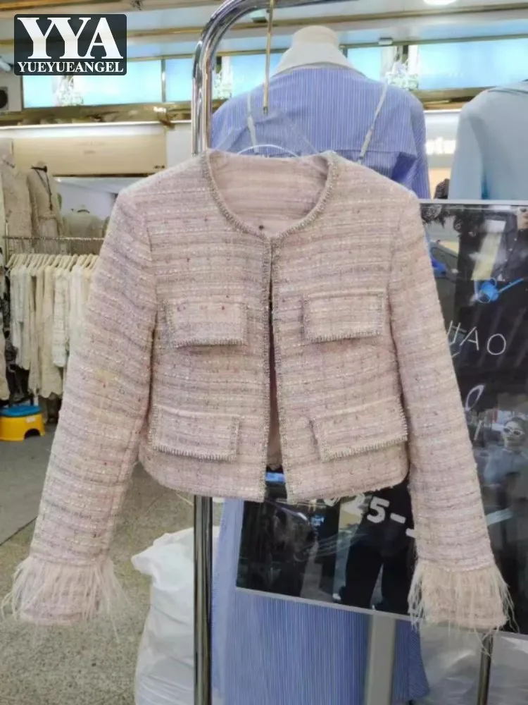 Elegant French Style Women Tweed Jacket Long Sleeve O-Neck Coat Feather Short Jackets Office Lady Slim Fit Tops Party Outerwear