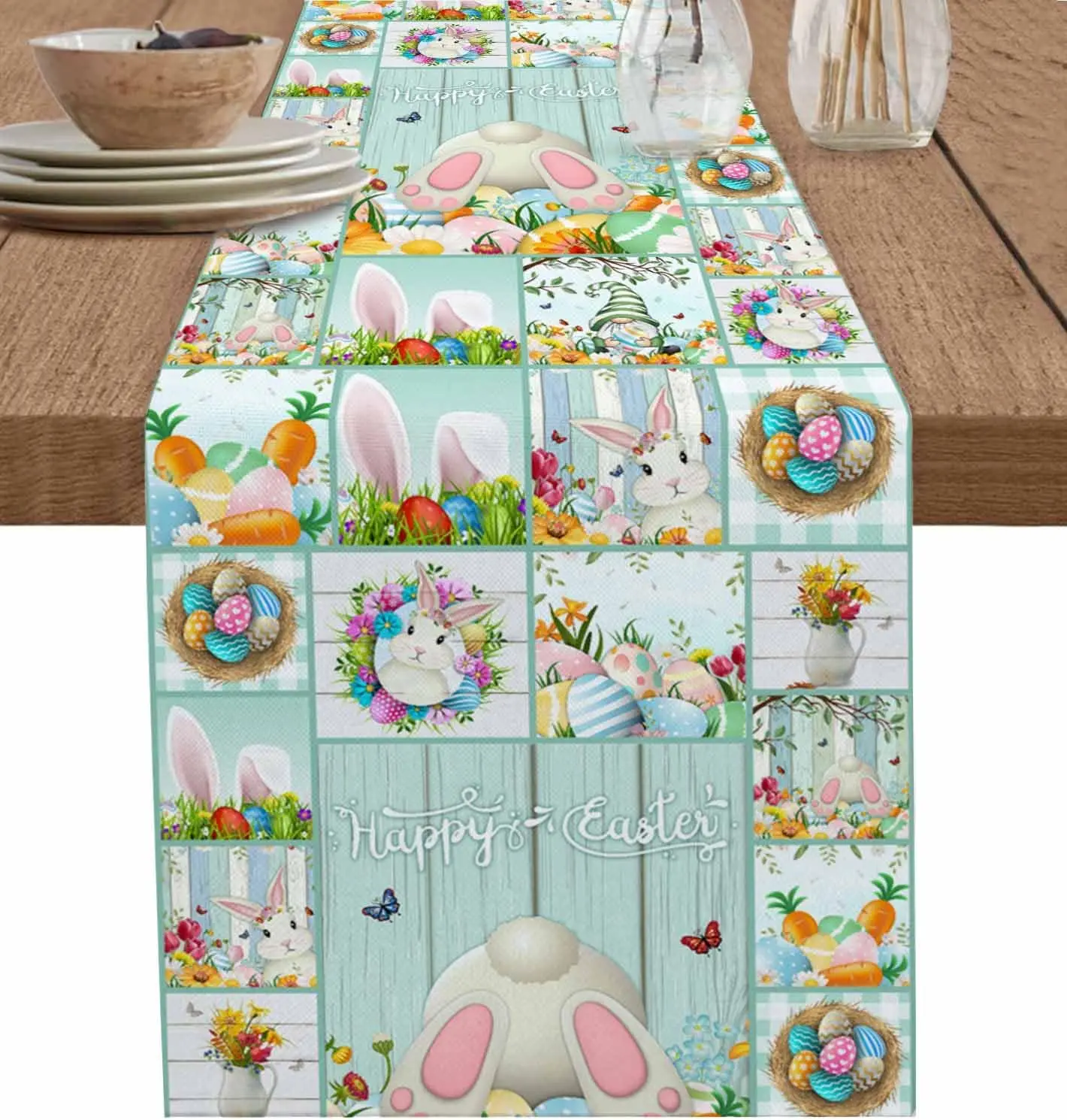 Easter Bunny Eggs Gnomes Flower Linen Table Runner Holiday Party Decor Spring Kitchen Dining Table Runner Easter Decorations