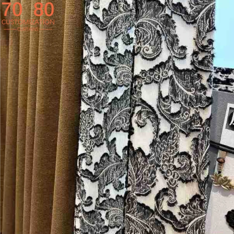 Chinese Cut Black and White Chenille Jacquard Patched Curtains for Living Room Bedroom French Window Customized Finished Product