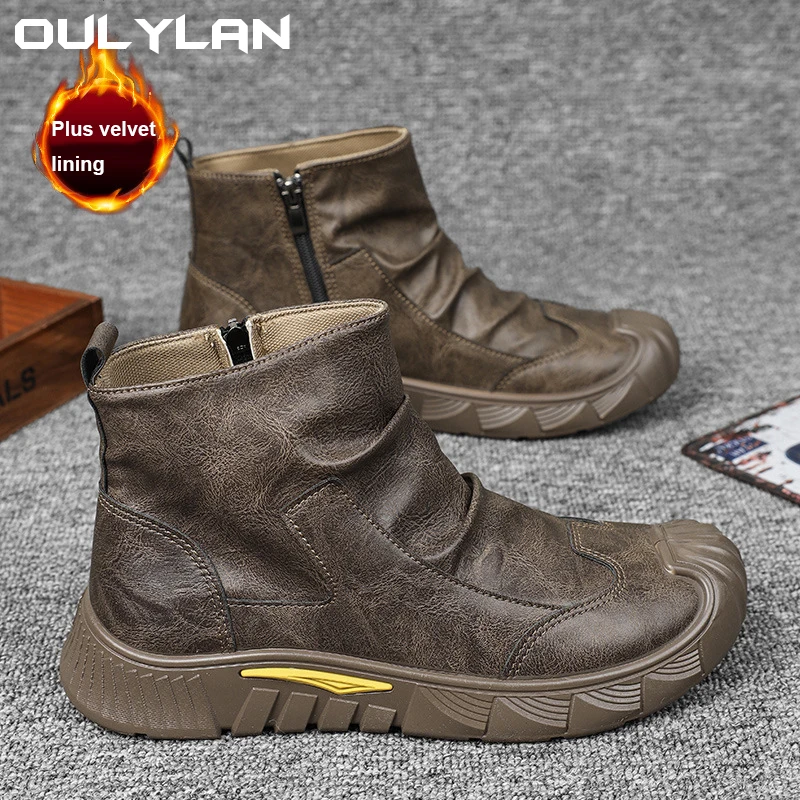 

Plus Velvet Boots Men Warm Waterpoof Anti Slip Abrasion Resistant Soft Sole Lightweight Comfortable Trendy PU Boots