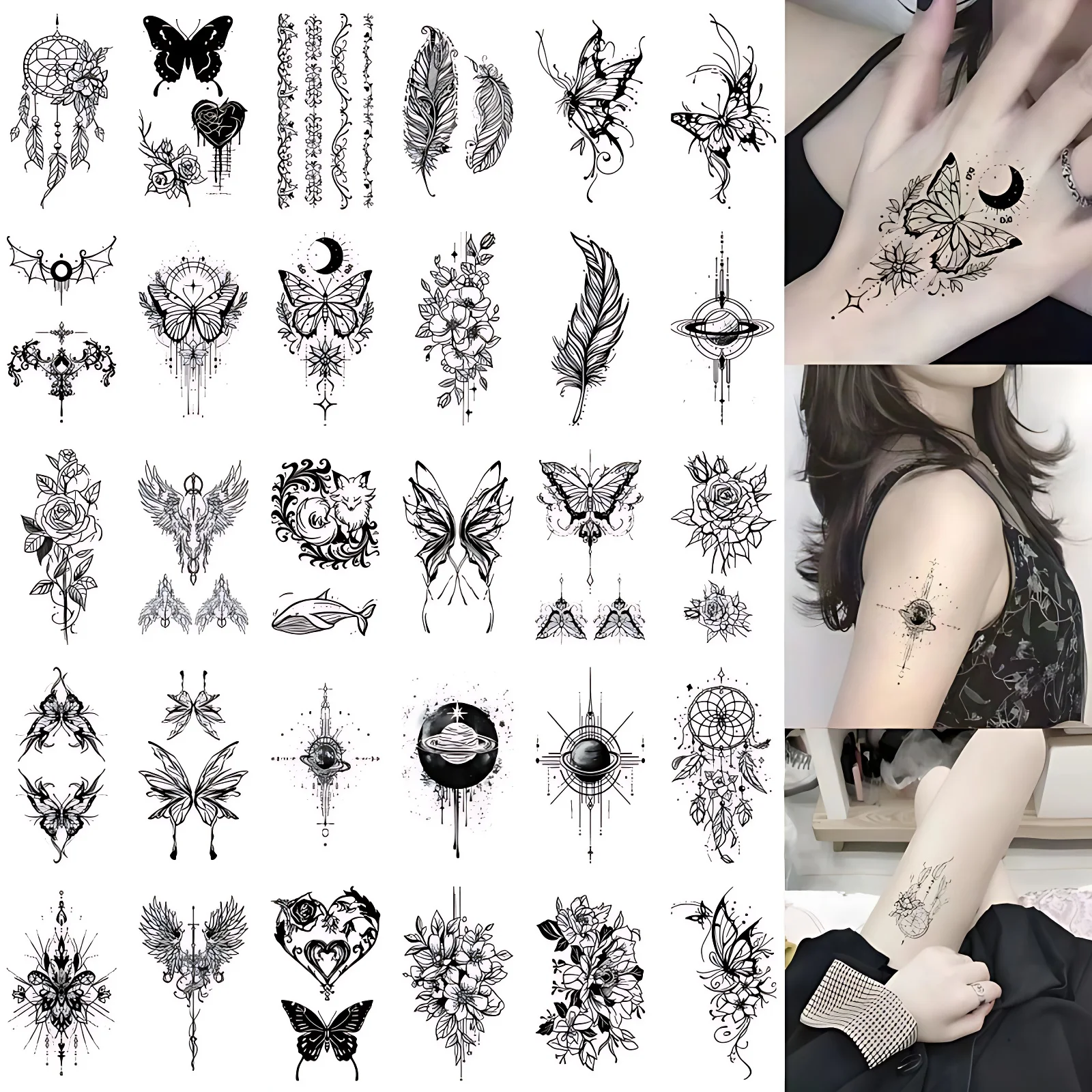 물 전송 문신 소녀 여성 나비 꽃 장미 레이스, 손 배꼽 다리 방수 문신 파티 호의, 30 개/세트