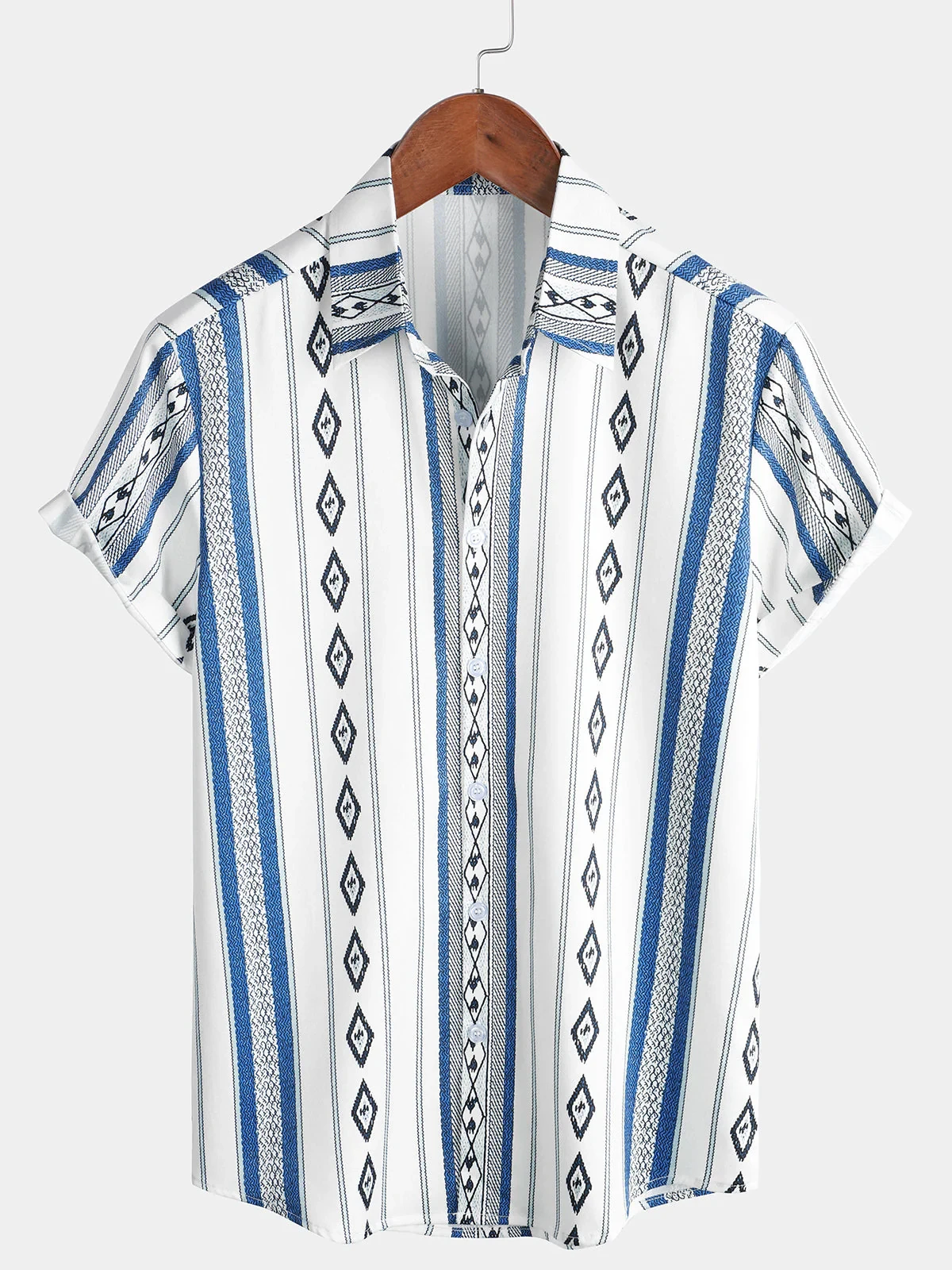 

Mens Casual Blue and White Striped Vintage Short Sleeve Retro Aztec Print Button Down Shirt