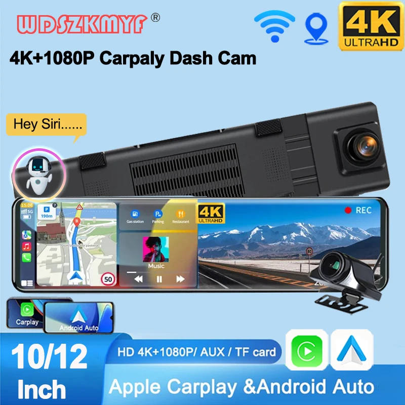 4K Dash Cam for Cars 12inch Wireless CarPlay Android Auto Car DVR Video Recorder GPS Rear View Mirror car intelligent systems 