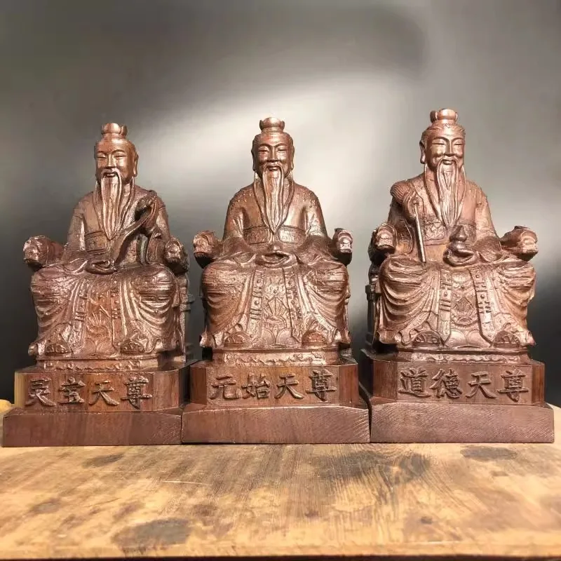 Hand Carved Vietnam Wood San Qing Statue Set (3pcs) - Three Pure Ones Taoist Deity Figurine Ornament Home Temple Altar Decor