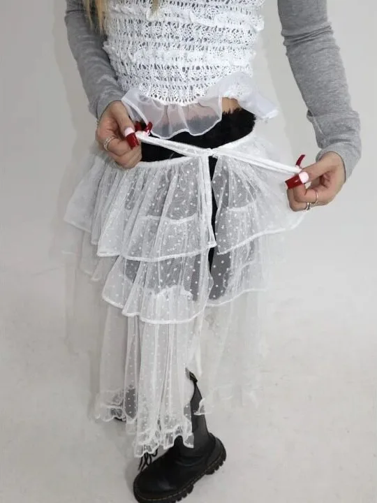 Spring New Design Multi-Layer Lace Transparent Mesh Belted Women's Half Skirt Korean Style Regular Fit Inner Wear Casual Skirt