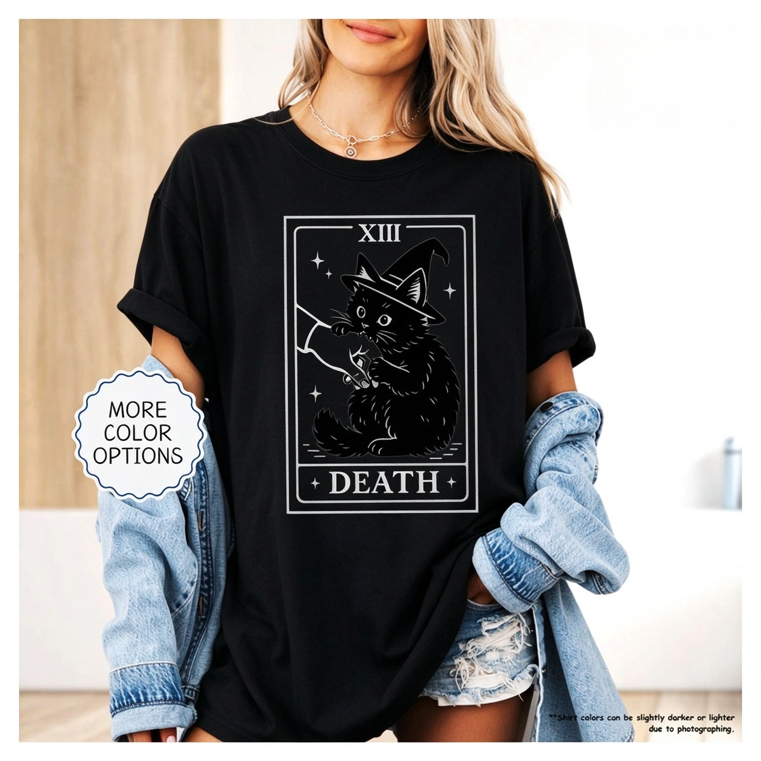 Halloween Black Cat Witch Tarot Card T-Shirt Women Men Cute Spooky Gothic “XIII DEATH” Graphic Tee