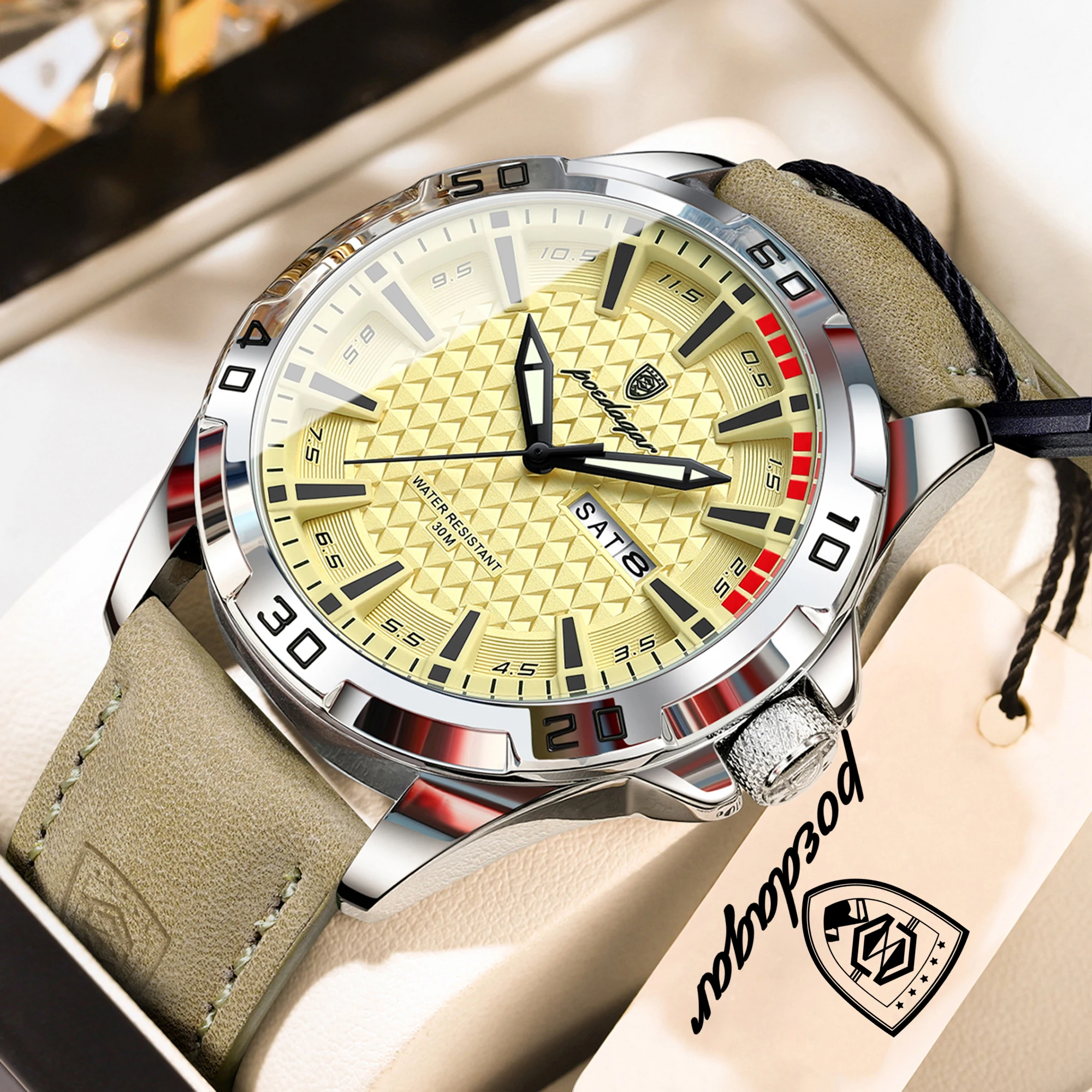 POEDAGAR Original Business Man Wristwatch Waterproof Luminous Date Week Casual Watch For Men Quartz Leather Luxury Fashion Men's Watches Reloj