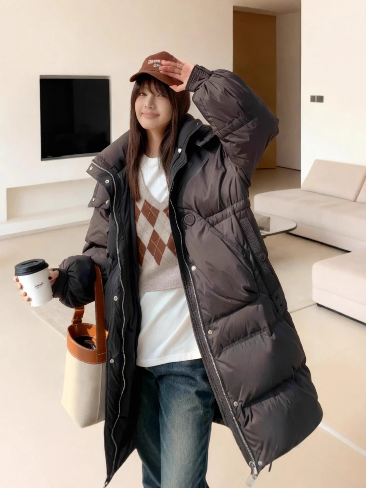 المرأة طويلة أسفل سترة شتاء جديد سميكة الدافئة زهرة برعم كم مقنعين سترات موضة فضفاضة الأبيض بطة معطف منتفخ ملابس خارجية