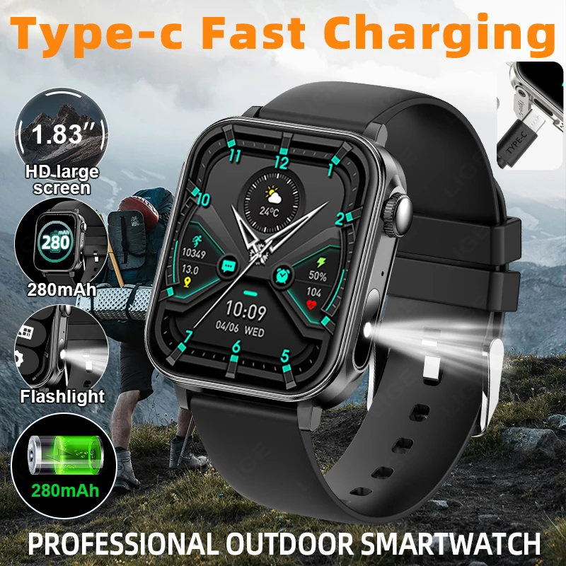 Type-C Smart Watch Men 1.83'' HD Screen Women Health Manager Bluetooth Call Multi-Sport Modes Waterproof Smartwatches Flashlight