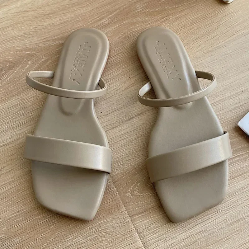 New Slides Women Shoes Summer Fashion Solid color Leather Straps Slippers Lady Square Toe Peep Toe Sandals Flat Outdoor Slippers