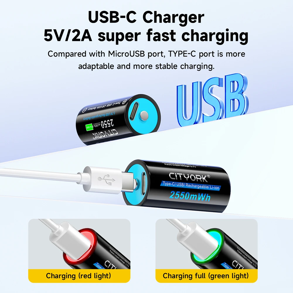 CITYORK 2550mWh 3.7V 16340 16350 بطارية قابلة للشحن USB شحن RCR123 CR123 CR123A بطاريات ليثيوم أيون مع كابل USB