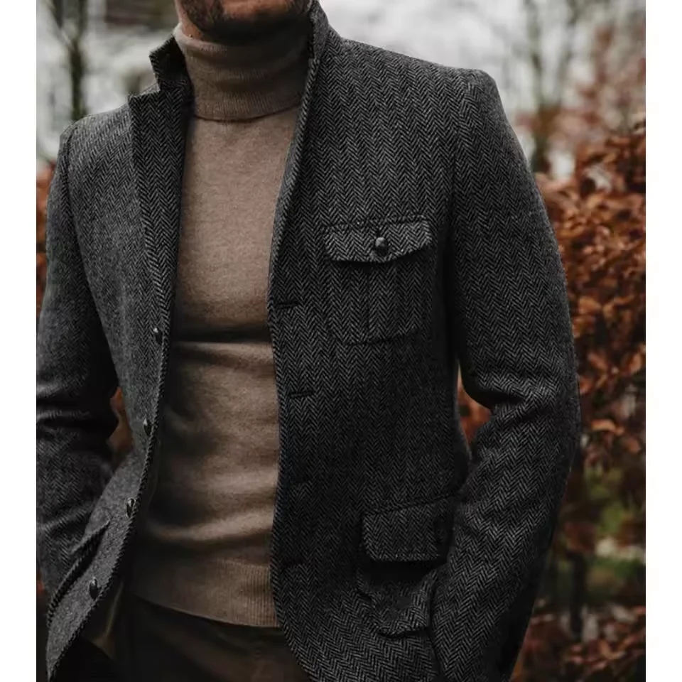 Men Suit Jacket Herringbone Single Breasted Stand Collar Business Formal Attire Casual Blazer Tapered Waist Fashion Slim FitCoat