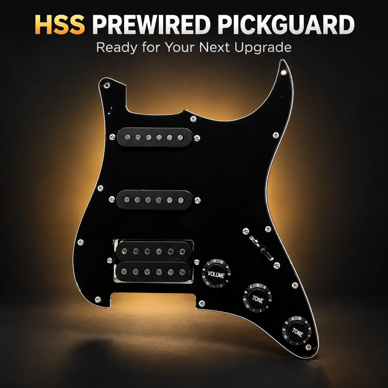 Solid Black HSS Prewired Pickguard for ST/SQ Style Electric Guitar, 2 Single-Coil Pickups, Bridge Humbucker and 5-Way Switch