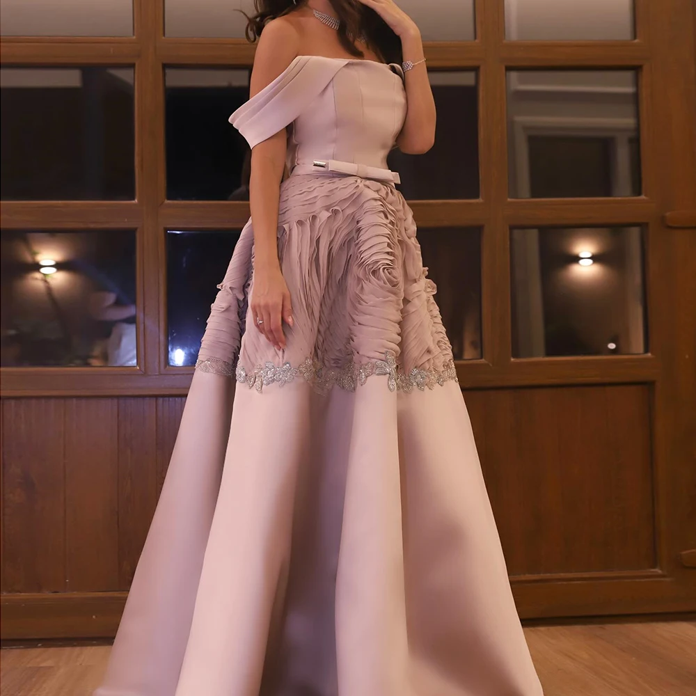 Customized A-line Evening Dresses Floor-length Off The Shoulder Sleeveless Prom Gown Fashion Flowers Sequined Draped Party Gown