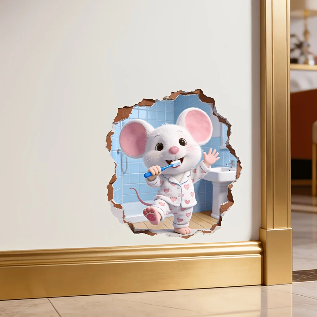 Cute Mouse Brushing Teeth Removable Wall Stickers Fun Animal PVC Home Decor for Living Room Bedroom Bathroom B40