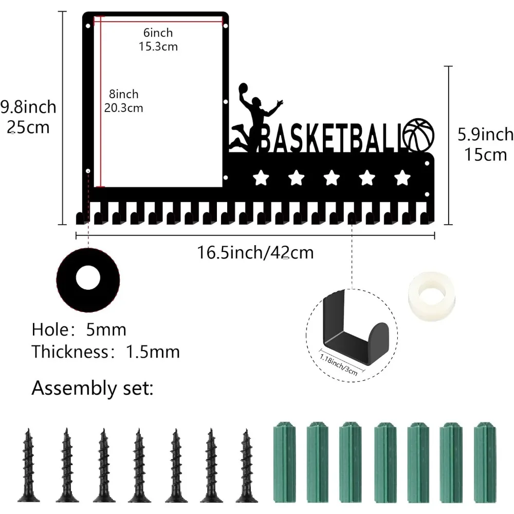 Basketball Medal Hanger Display Medals Holder Rack with Photo Frame Metal Sports Hanging Athlete Awards Wall Mount making kit