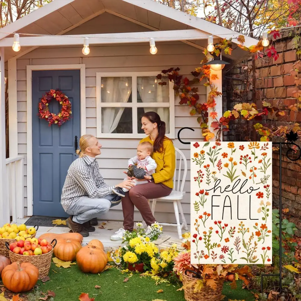 Hello Fall Garden Flag 12x18 inch Double Sided, Welcome Burlap Floral Autumn Thanksgiving Yard flags for Outside Holiday Harvest