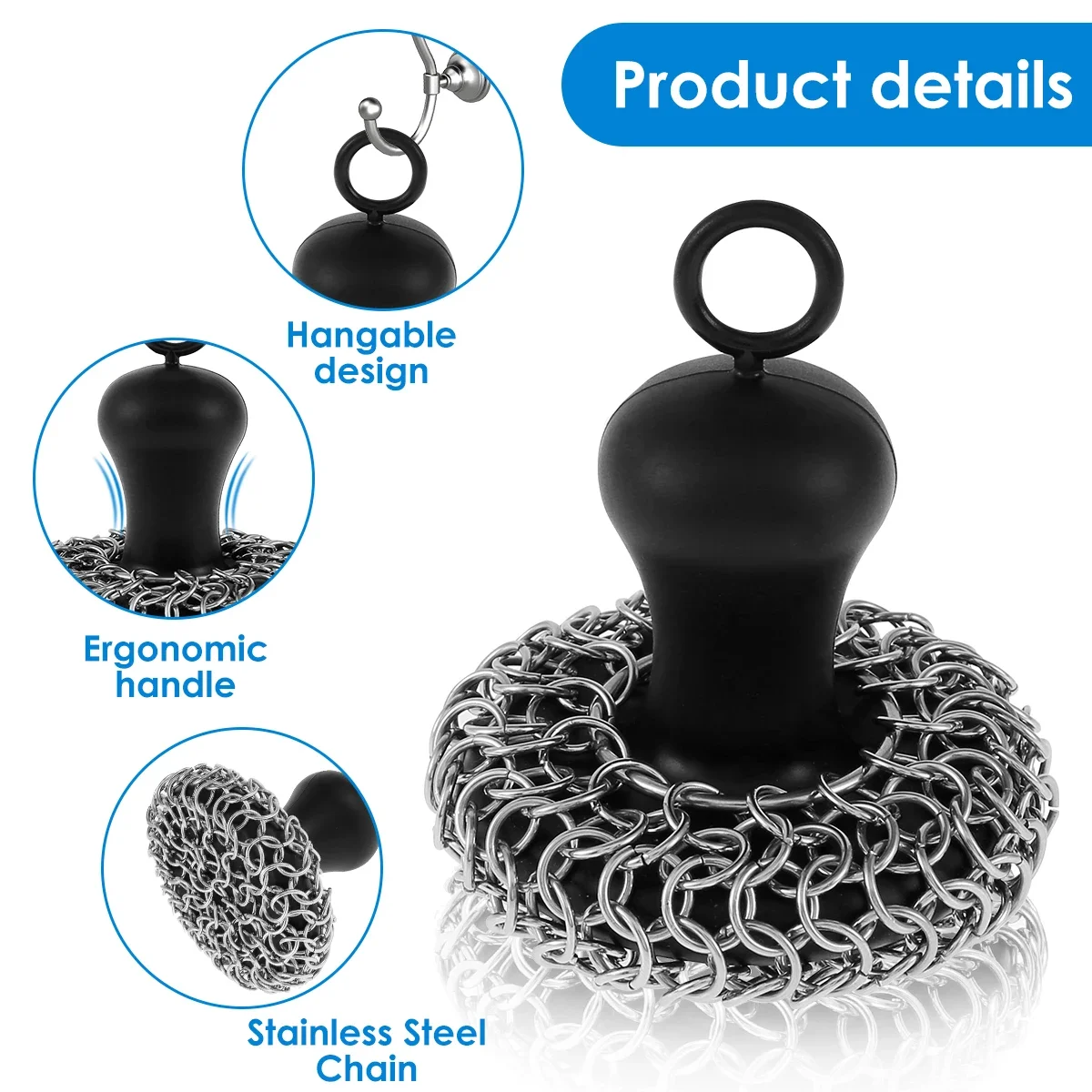 Cast Iron Scrubber with Silicone Handle Stainless Steel Chainmail Scrubber Scraper Anti-Rust Cast Iron Scrubber for Kitchens