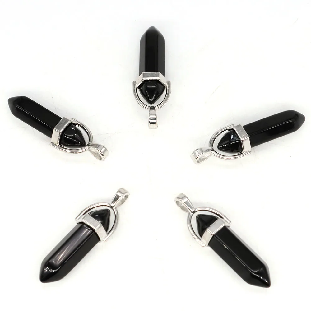 Crystal Hexagonal Column Pendant Natural Stone Black Obsidian Necklaces Chakra Healing Gift Women Men Fashion Jewelry 1PC