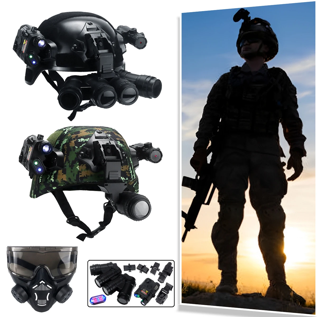 Children's Tactical Helmet Set with Gas Mask Night Vision Model Laser Airsoft Helmet for Outdoor Shooting Role Play Boy Gift