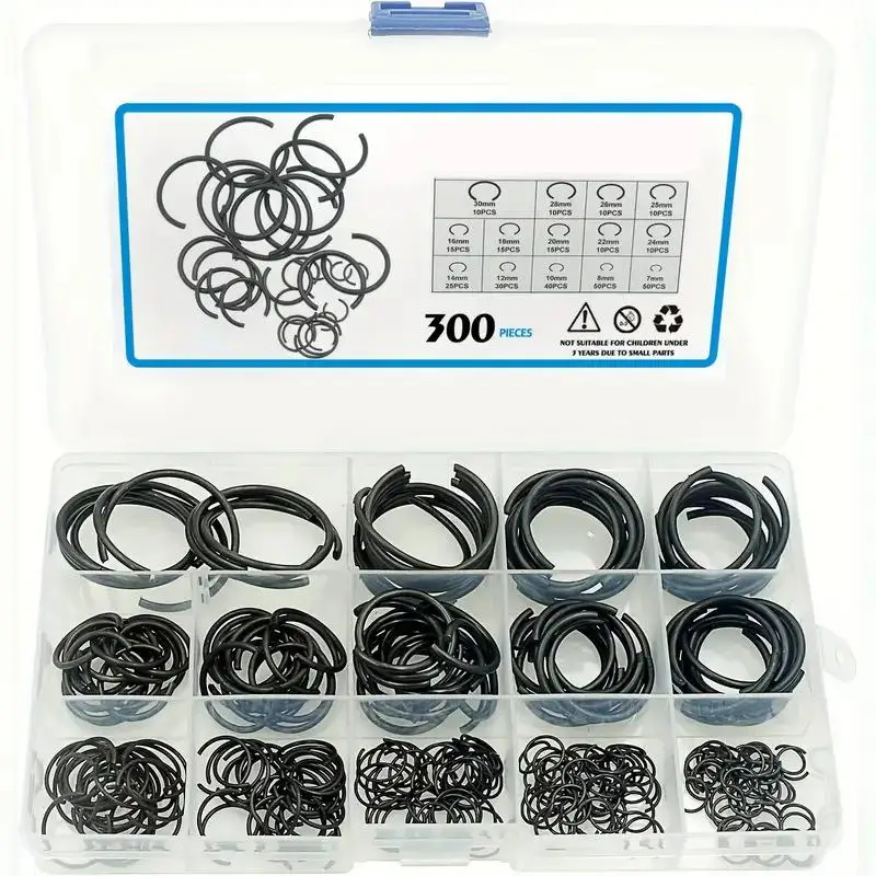 

300Pcs Metric 7-30MM Round Wire C-Clips Internal Snap Rings Assortment Kit For Hole Black-Finish Steel Accessories