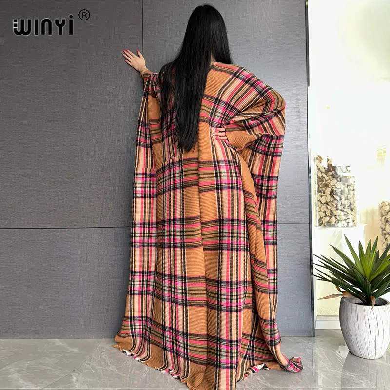 WINYI nowa sukienka kimono maxi caftan dla kobiet kardigan nadruk w szkocką kratę przyjęcie sukienka z peleryną świąteczne kimono moda abaya długi