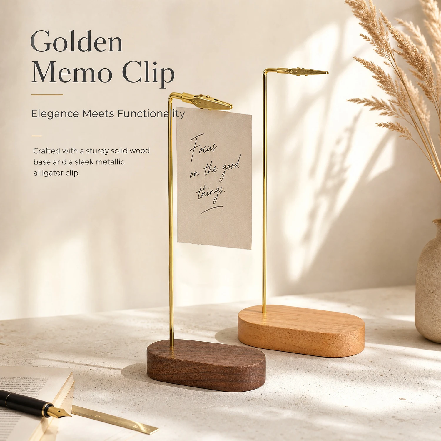 Golden Memo Clip with Wooden Base DIY Memo Picture Clip Note Card Desk Paper Clip Holder for Wedding Party Decor