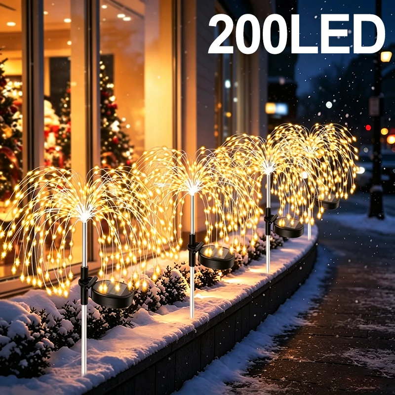200LED Solar Dandelion Garden Lights Waterproof Outdoor Starburst Firework Stake Light for Christmas Halloween Party Patio Decor