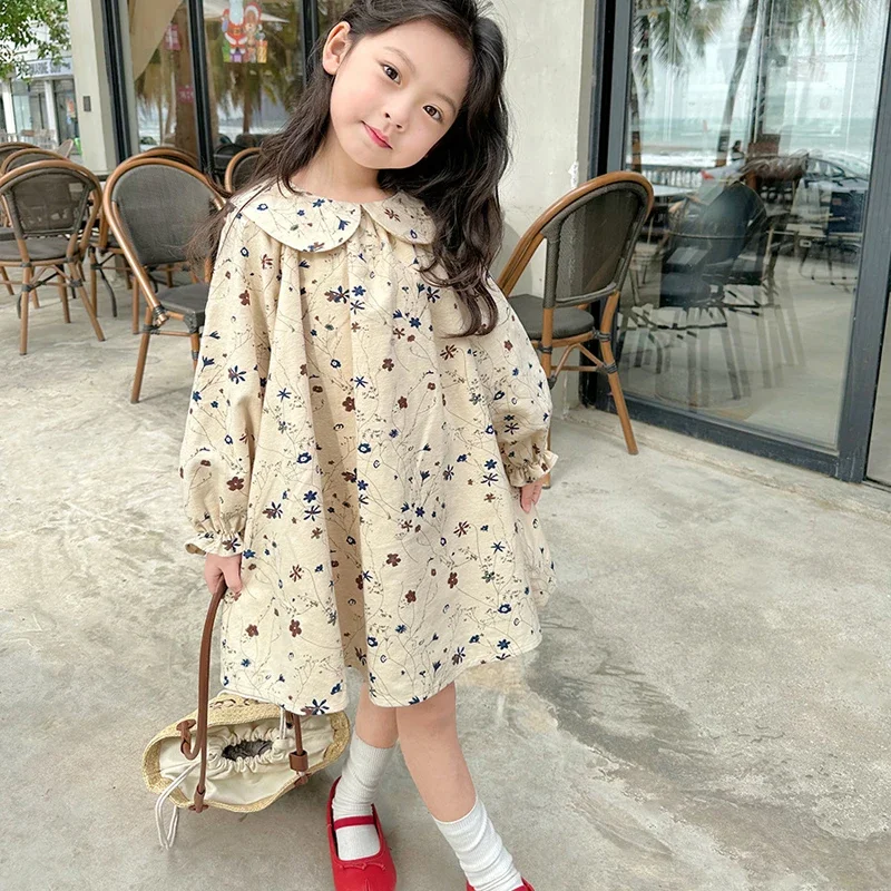 Spring Girls Fragmented Flower Dress Autumn New Children's Long sleeved Doll Neck Dress Baby Kids Pure Cotton Princess Dress