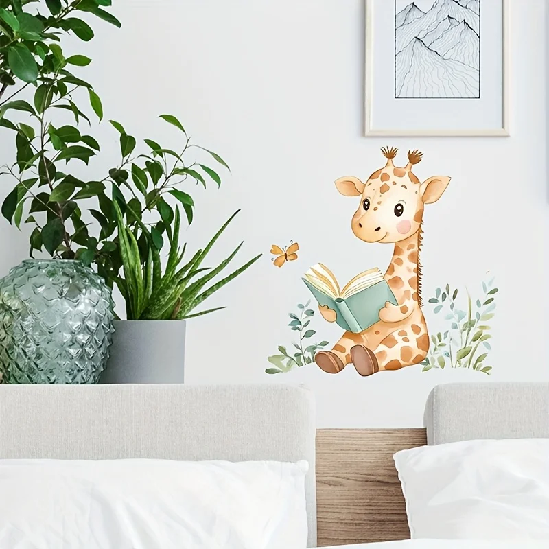 1 Cartoon Animal Cute Giraffe Reading Wall Sticker, Suitable for Bedroom and Living Room Book Decoration, Library Background Wall Decoration
