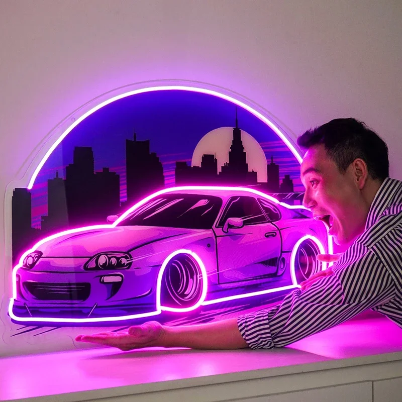 Car The Sunset Neon Sign Light, obra de arte acrílica, decoración de pared para dormitorio, sala de estar, luces nocturnas, tienda personalizada hecha a mano, Bar