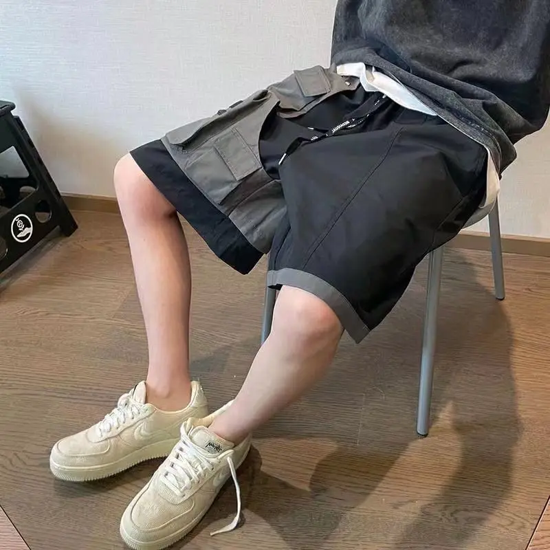 Black and Gray Splicing Wild Fake Two-piece Pocket Work Shorts Men\'s Loose Five Pants Summer Trend Streetwear Basketball Shorts